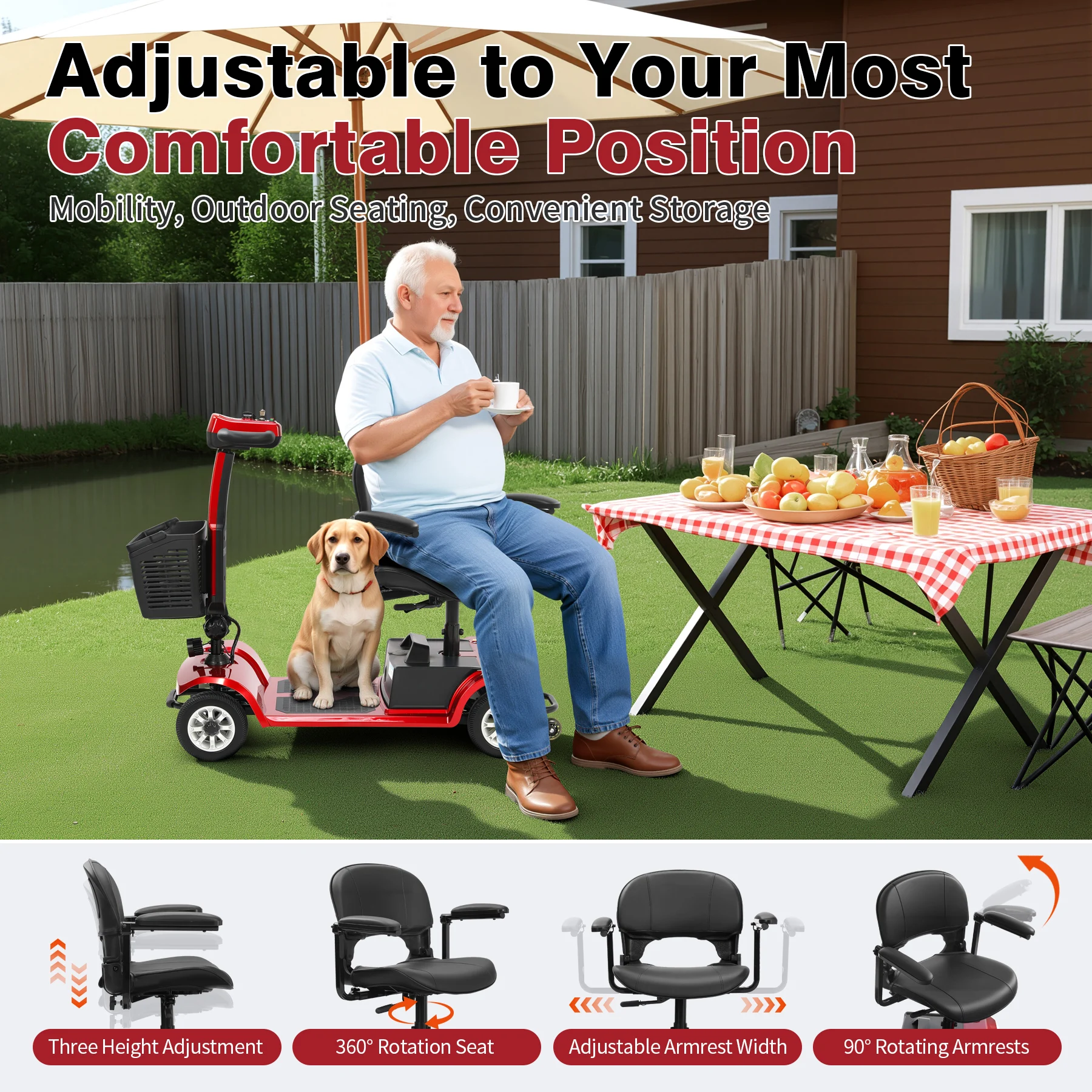 Unificare Red 14AH Foldable 4 Wheel Mobility Scooter Electromagnetic Brake Adjustable Swivel Seat Elderly Outdoor Travel view 3