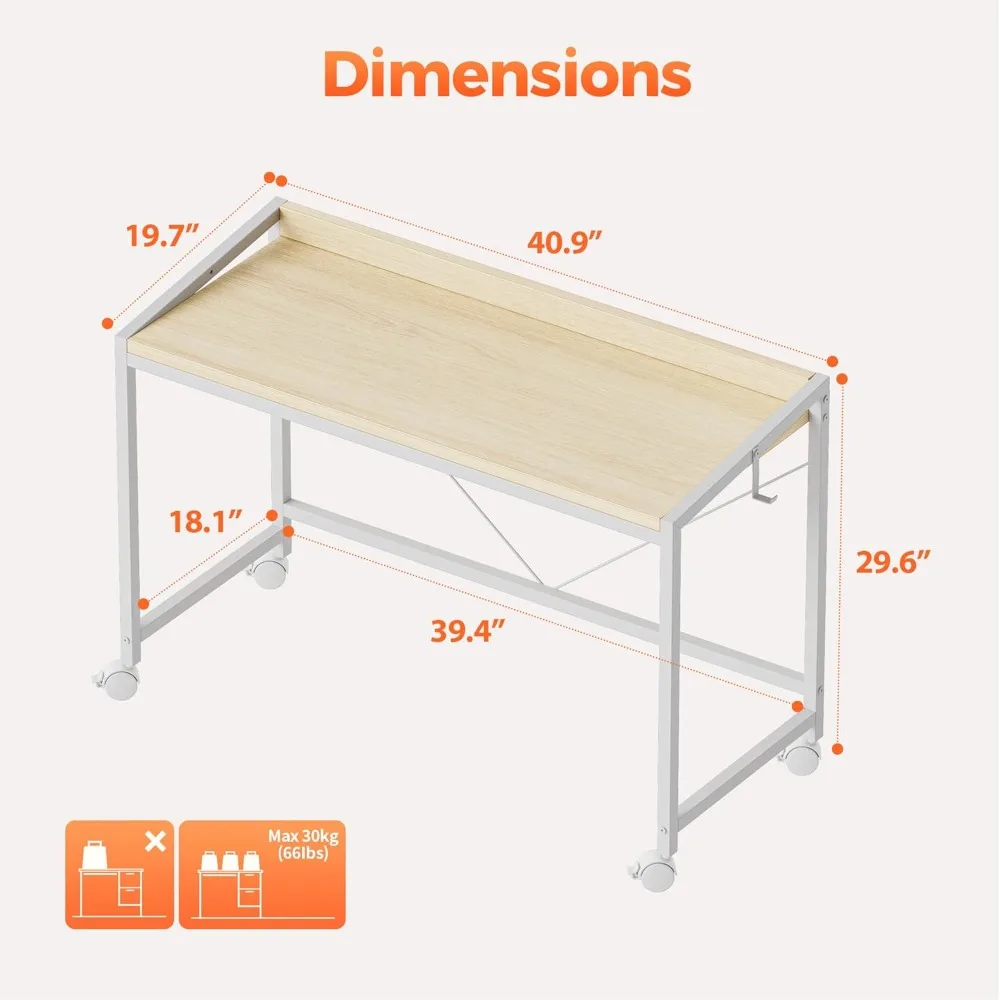 مكتب ألعاب مدمج بعجلات للمساحات الصغيرة، مكتب مكتب منزلي على الطراز الحديث، مثالي للدراسة والكتابة