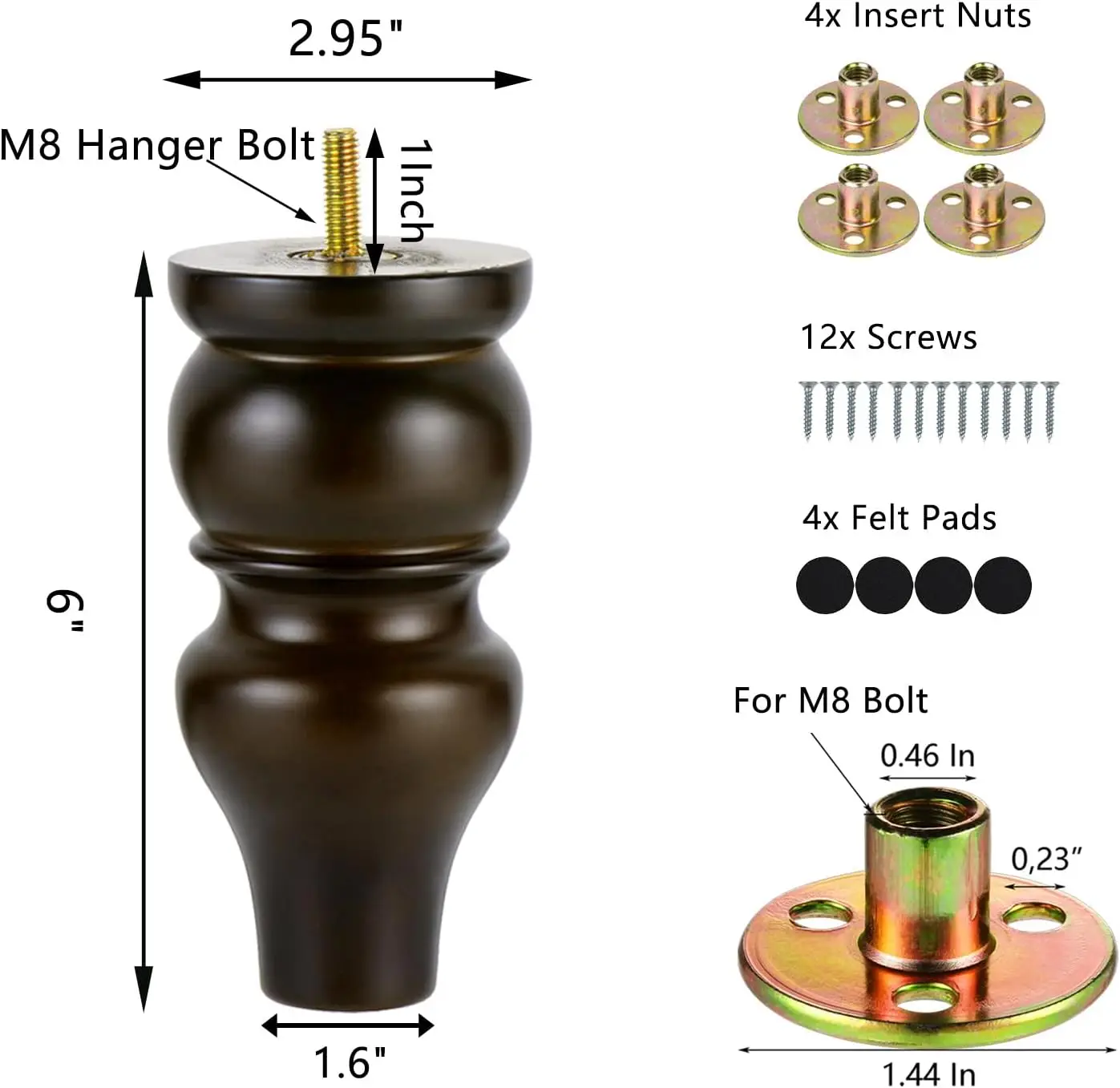 6 Inch Replacement Furniture Legs Pre-drilled M8 Bolt Bun Feet Set of 4 Wood Legs for Sofa Couch Cabinet Mid Century Hi