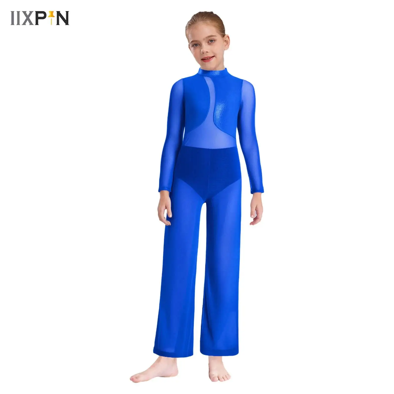 

Girls Gymnastics Performance Costume Sheer Mesh Patchwork Wide-Leg Metallic Jumpsuit Long Sleeve Keyhole Back Full Body Leotard