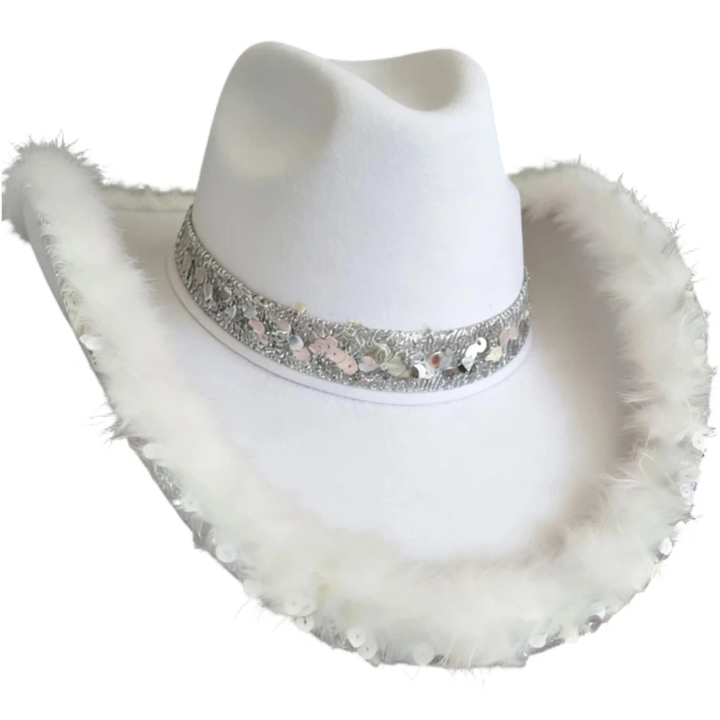  Stylish Silver Edged Fabric Cowboy Hats Sequins Wide Brims Hat for Unisex Wear Role Play Social Event Everyday Fashion