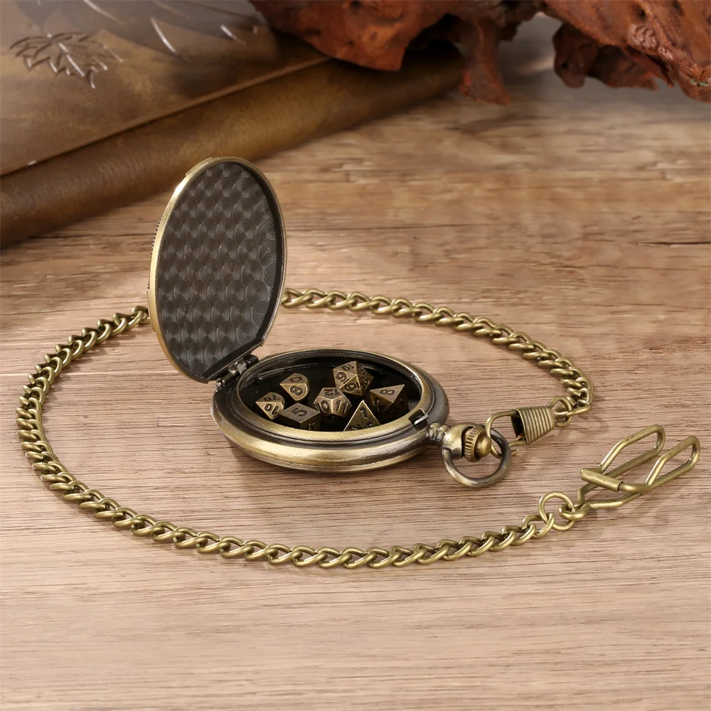 Vintage Pocket Watch Case with Mini Dice Set Fob Chain Pendant Pocket Clock Shell Entertainment Game Role-Playing Storage Case - view 4