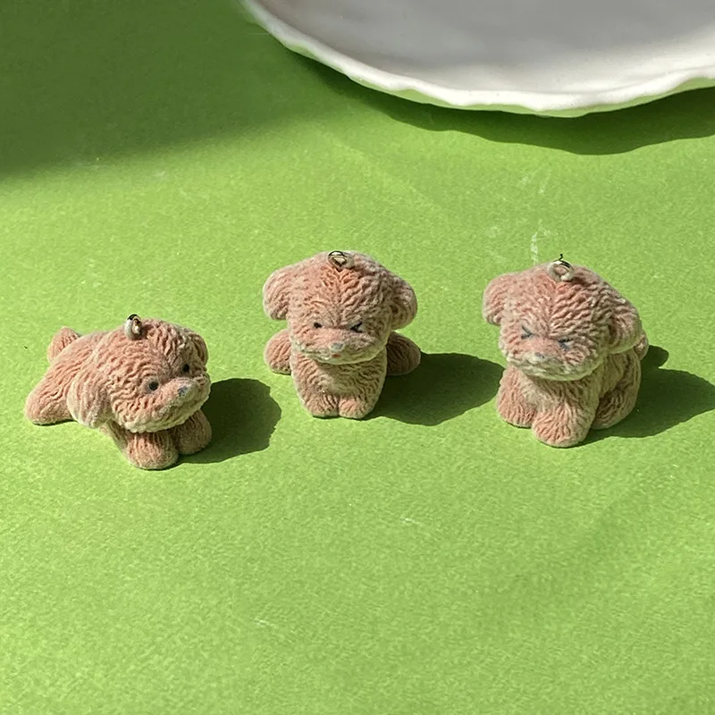 20Pcs 3D Cute Flocked Brown Teddy Dog Charms Cartoon Plush Animal Dog Resin Pendant For Keychain Earring DIY Crafts Jewelry Make