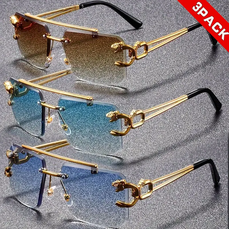 3-teiliges Premium-Sonnenbrillen-Set mit Leopardenkopf-Motiv – Doppelbrücken-Metallrahmen, UV400-Schutz, modisch für Männer und Frauen, perfekt