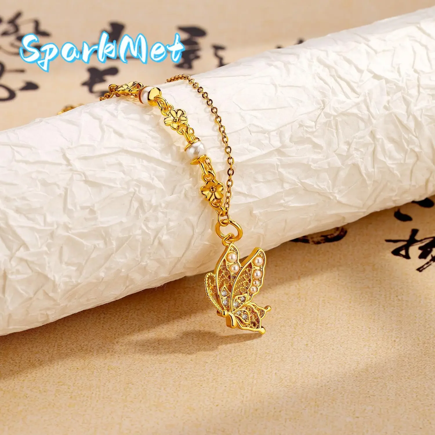 

SparkmetSimple fashion 24K real gold Butterfly Pearl pendant necklace Feminine 999 pure gold light luxury luxury flower clavicle