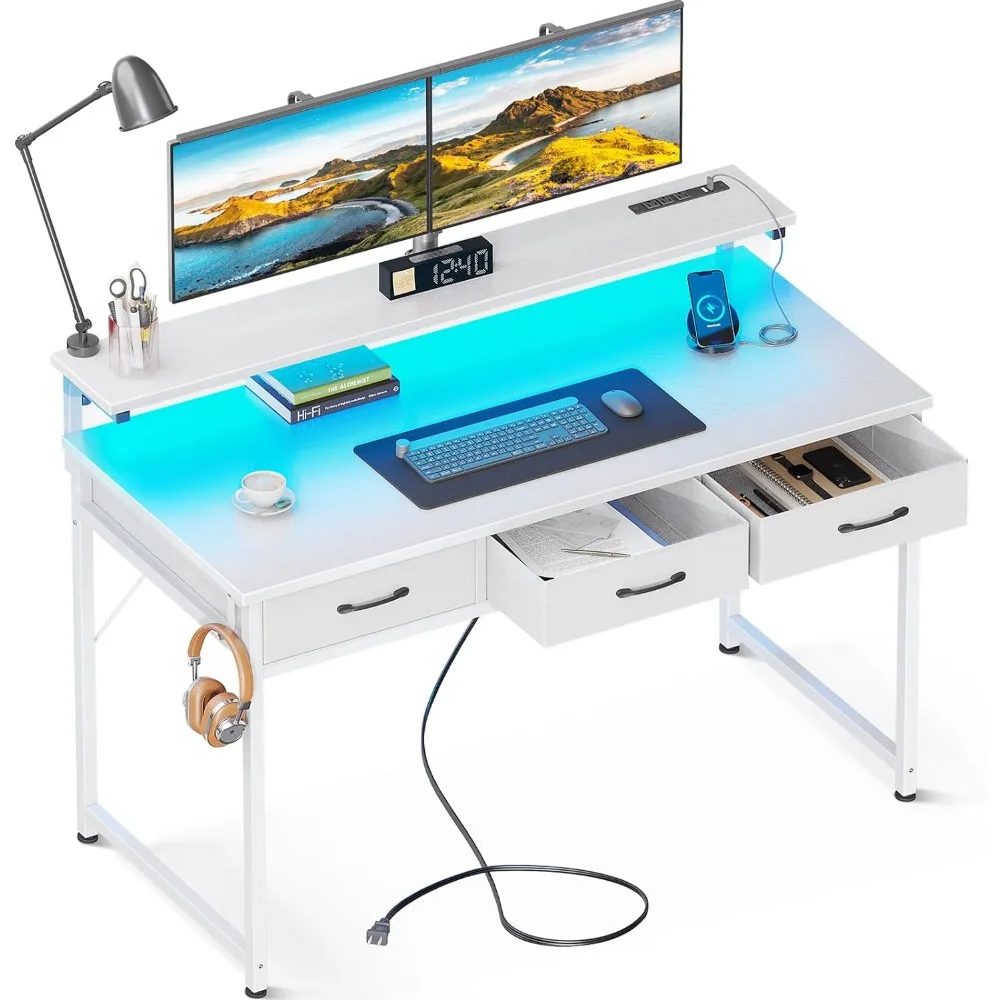 

48 Inch Computer Desk with 3 Drawers and USB Power Outlets, Home Office Desks with LED Lights and Adjustable Monitor Stand