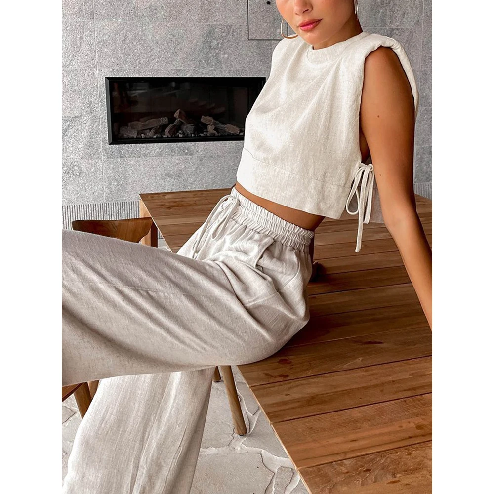 Fashion Cotton-linen Clothing Suits for Women Solid Sleeveless With Pad Loose Tops Shirt+Elastic Waist Wide Leg Pants 2Pcs Sets