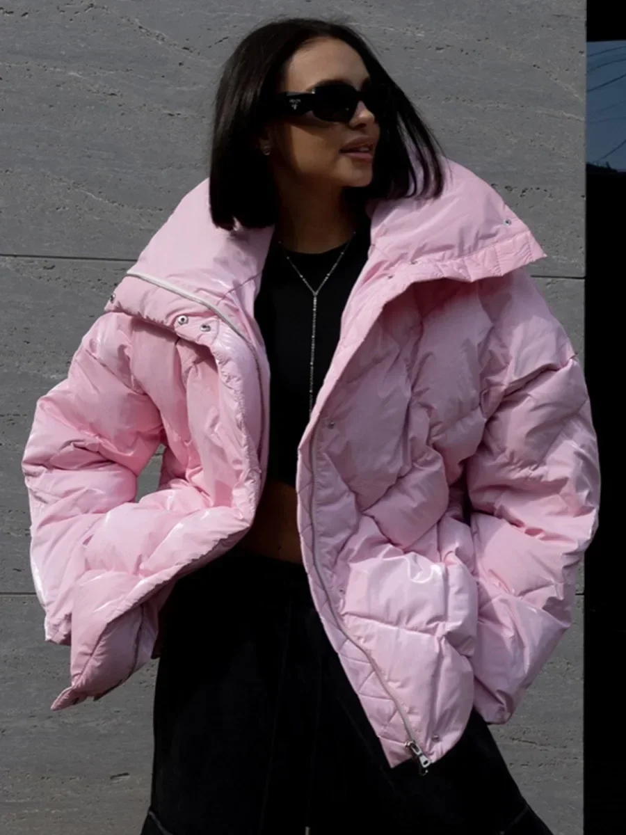 

Women's Fashion Loose Casual Cotton Jacket Autumn Winter Thicken Warm Cotton Jacket Matte Glossy Lapel Bread Jacket