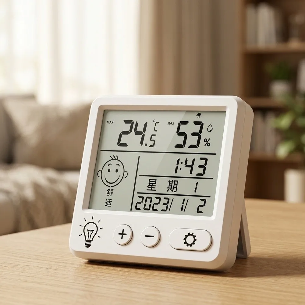 White Digital Clock with Color LCD Calendar Temperature Humidity Sensor Rechargeable Battery Compact 9.8x9.8x2.1CM Dimensions