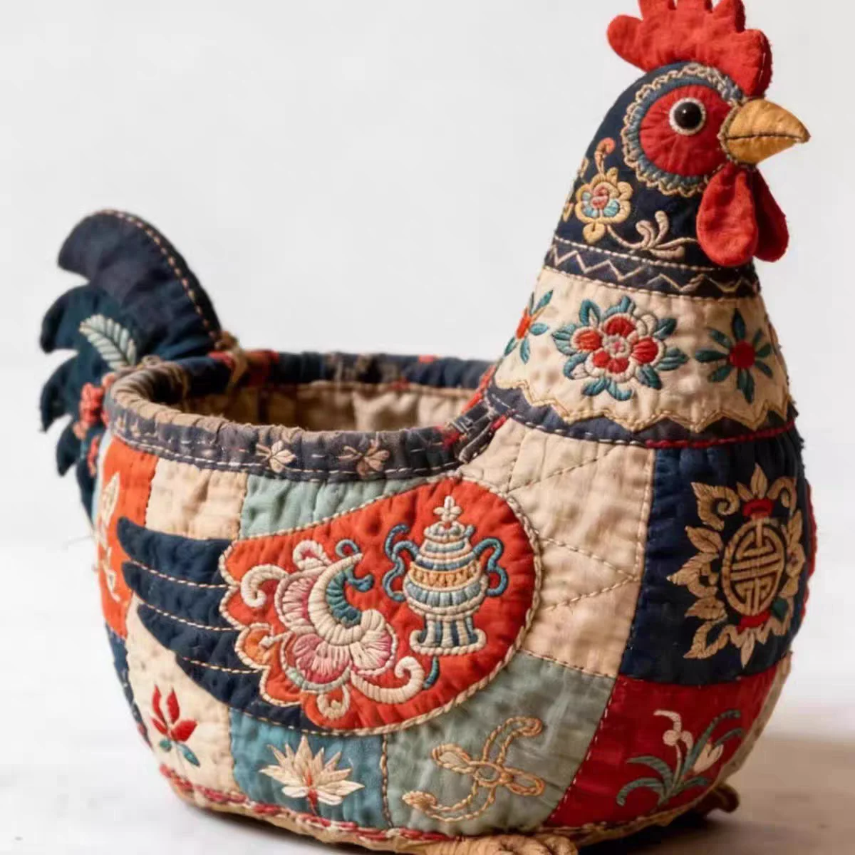 Trending Chinese Folk Fabric Rooster Storage Box Creative Desktop Organizer for Dolls
