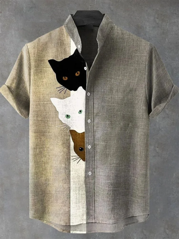 Vintage Funny Three Cat Hidden Art Print Casual Japanese Style Shirt Chic Short Sleeve Stand Collar y2k Summer Tops Blouse Men