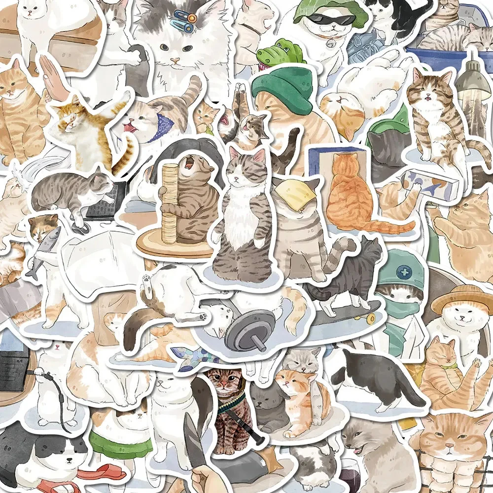 10/30/53pcs Kawaii Cat Cartoon Stickers Aesthetic Decorative Stationery Laptop Car Waterproof Funny Animal MEME Sticker for Kids