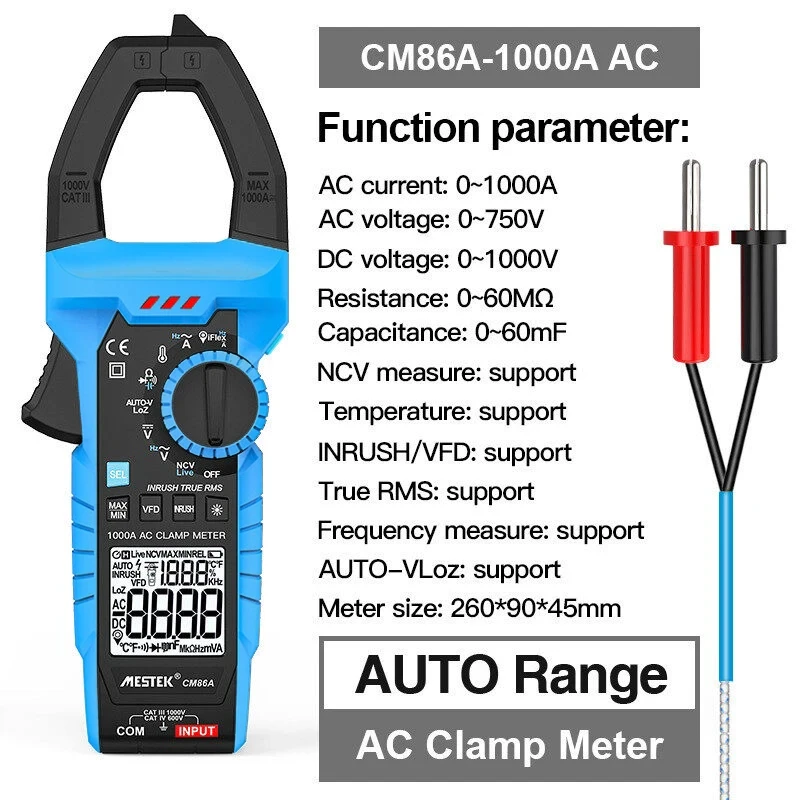 CM86 1000A DC/AC Current Digital Clamp Meter Auto Range Multimeter True-RMS High Precision Volt Temperature Hz Test Clamp Meter