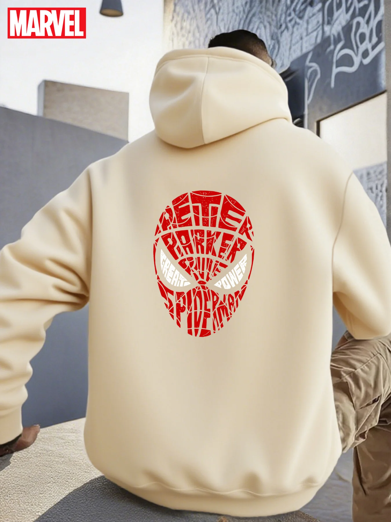 سويت شيرت بغطاء للرأس برسومات Spider-Man للرجال - طباعة قناع البطل الخارق مرخص رسميًا مع نص بيتر باركر وجيب الكنغر