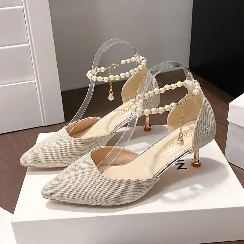 

Women Sandals Luxury Brand Designer String Bead Pearls High Heels New Wedding Heels Women Sexy Elegant Pointed Toe Shoes Women