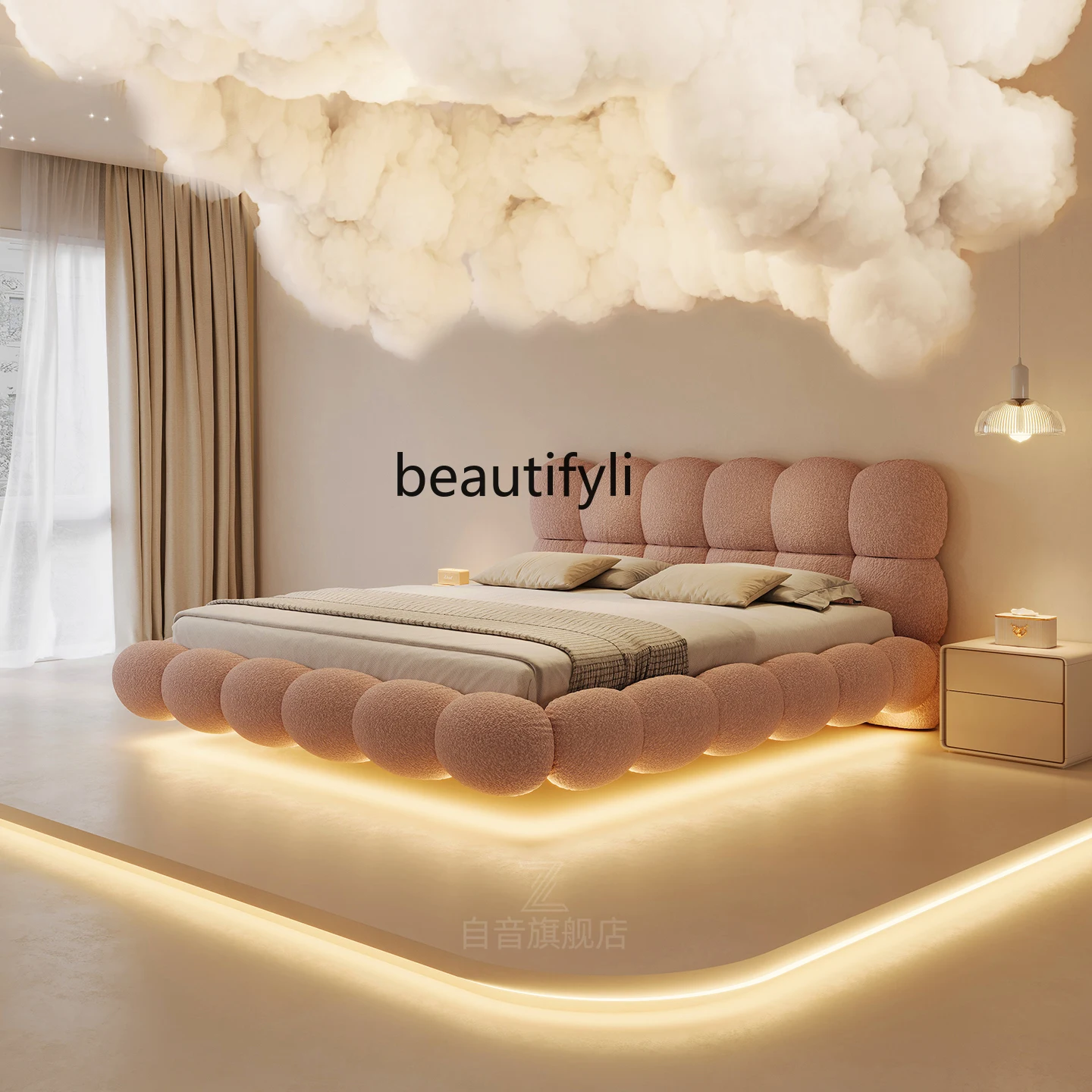 

Floating Soft Bag Girl's Bedroom Pink French Style Lamb Wool 1.8m Double Bed High-End Elegant Sense of Sophistication
