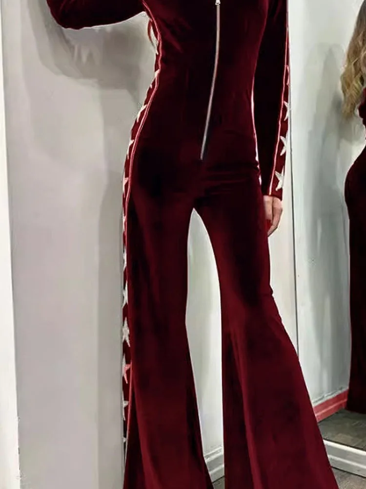 

Женский модный тонкий бархатный комбинезон с высокой талией, повседневный комбинезон с длинными рукавами и принтом, элегантный однотонный длинный комбинезон на молнии с v-образным вырезом