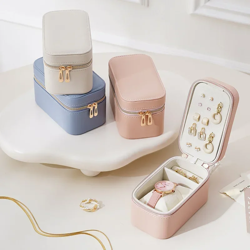 

Simple PU Portable Jewelry Box Double-layer Storage Case Earrings Necklace Watch Jewelry Lipstick Holder