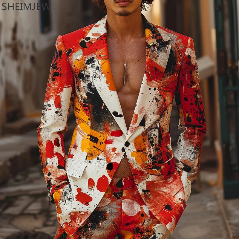 Colorful Printed Suit British Fashion Graffiti Casual Men\'s Jacket Pants Fashion Casual Men\'s Suits Party Bar Stage Showing Sets