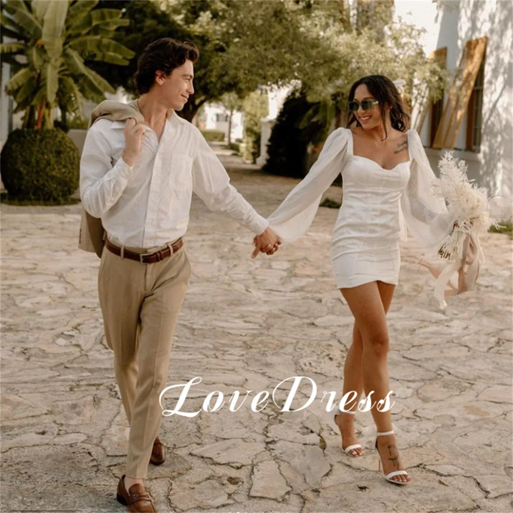 

Love Simple Long Chiffon Sleeves Sweetheart Stain Short Wedding Dress Mini Sheath Above Knee Lace Up Pleats Elegant Customized