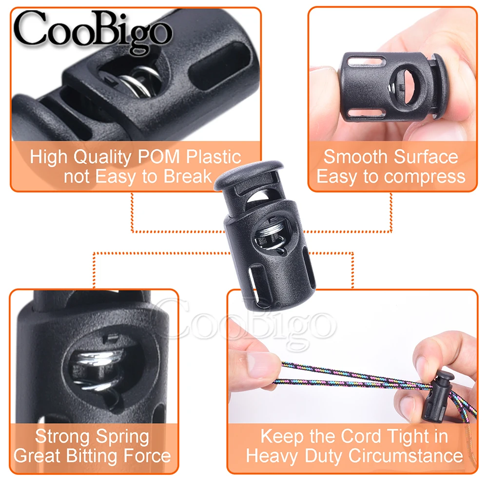 50pcs Plastic Cord Lock Stopper Spring Toggle Clip Clamp for Paracord Drawstring Rope Lanyard Shoelace Clothes Black Single Hole