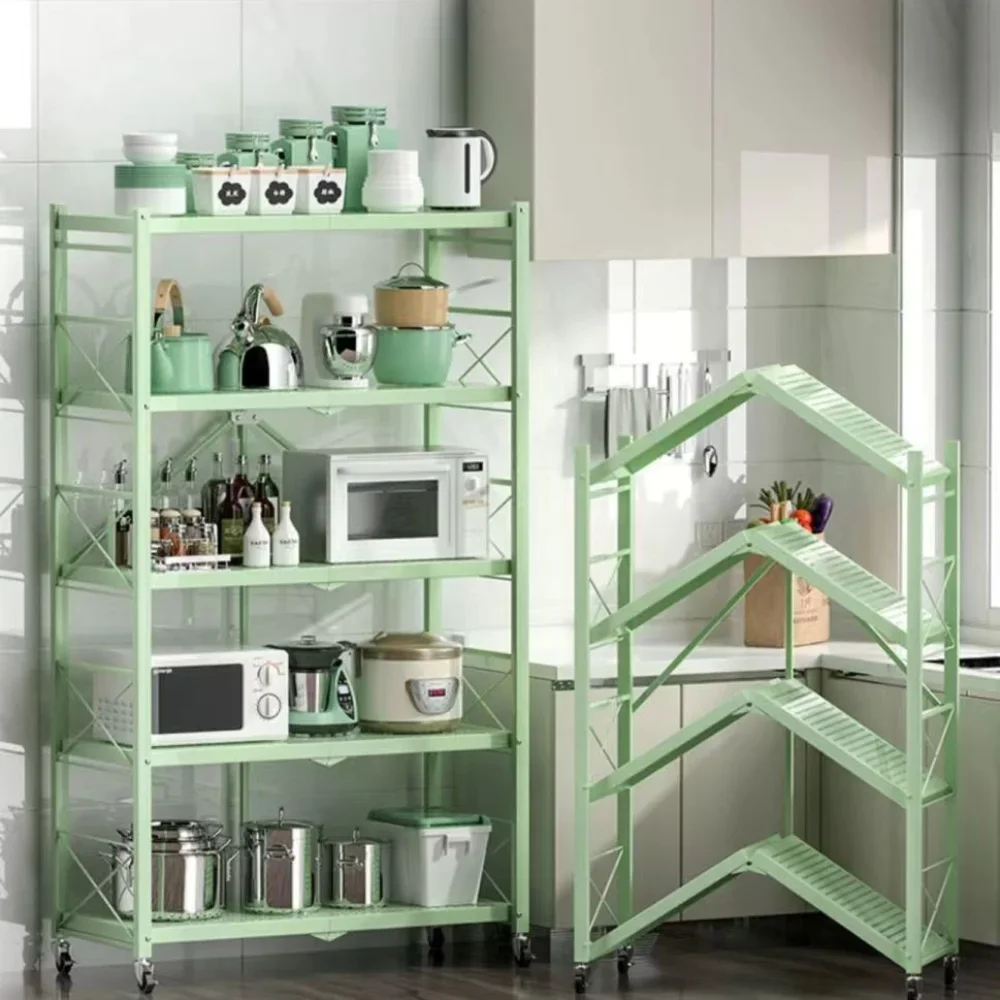 Foldable Large Iron Frame  Multilayer Metal Storage Shelves Multifunctional Kitchen Storage Racks Movable Living Room Bookshelf