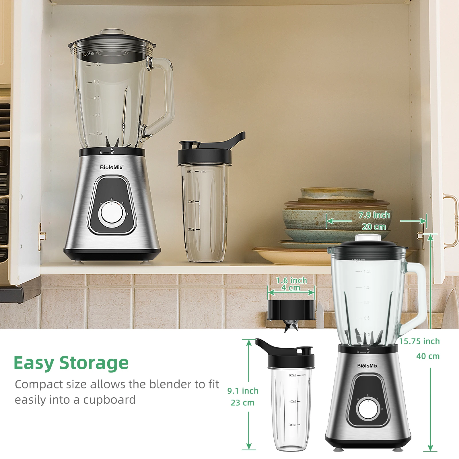 BioloMix 1300W Smoothie Blender with 1.5L Glass Jar, Personal Blenders Combo for Frozen Fruit Drinks, Sauces