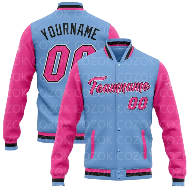 

Custom Pink 3D Printed Baseball Button Jacket Bomber Full-Snap Varsity Letterman Jacket