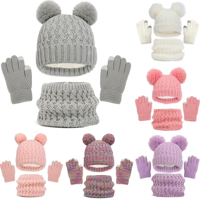 Knitted Baby Winter Hat 3pc Set Warm Scarf Gloves Kid Winter Neck Scarves Beanie Cap For Boy Girls Cute Hat Gloves Suit For Kids