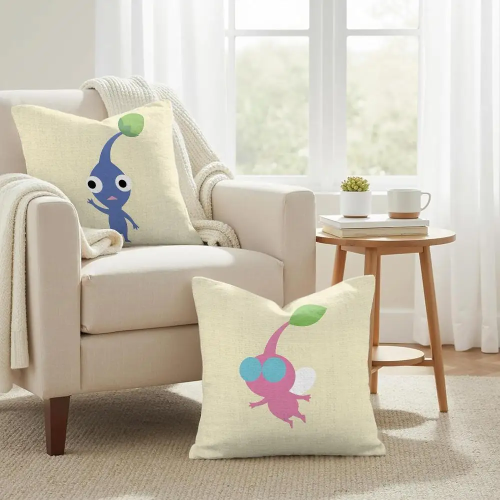 Cute Anime Game P-Pikmin Cushion Cover Natural Linen Organic Fabric Double-Sided Printing Sofa Home Decor Gift Pillow Case