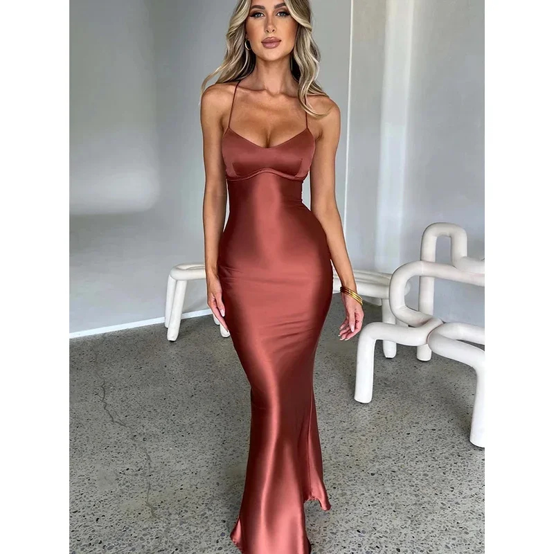 JINIA Summer Satin Backless Lace Up Evening Party Dresses For Women 2024 Neck Sexy Sling Bodycon Prom Dress For Women