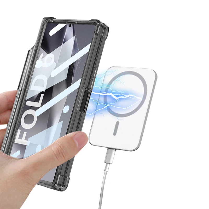 Transparent Hinges Protective Case For Samsung Galaxy Z Fold 6 5 With Screen Protector Z Fold6 Wireless Magnetic Bracket Cover