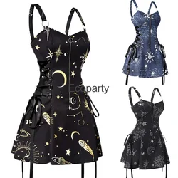 2024 Women Starry Sky Moon Printed Gothic Dress Sexy High Waisted Square Neck Backless Suspended Dresses Witchcore Vestidos