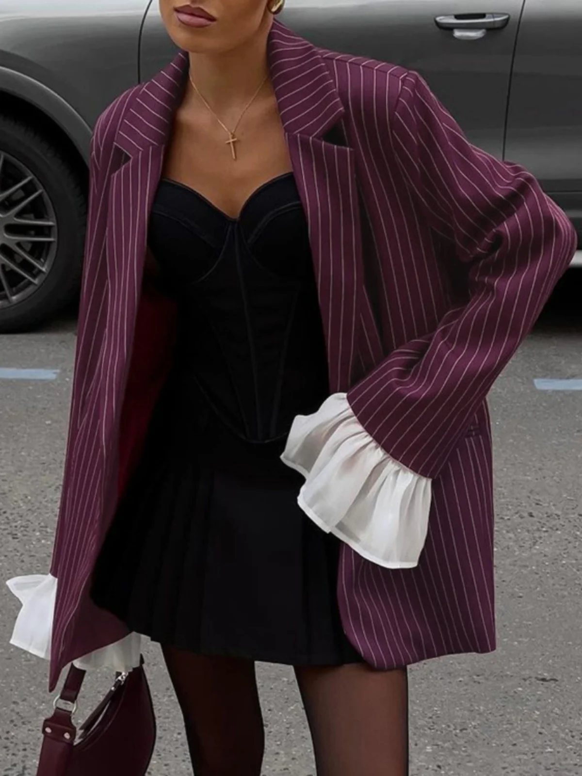 

Ele Striped Lace Casual Suit Jaet Loose Wide Leg Pants Long Sve Commute Sle Faionable Outerwear for Women