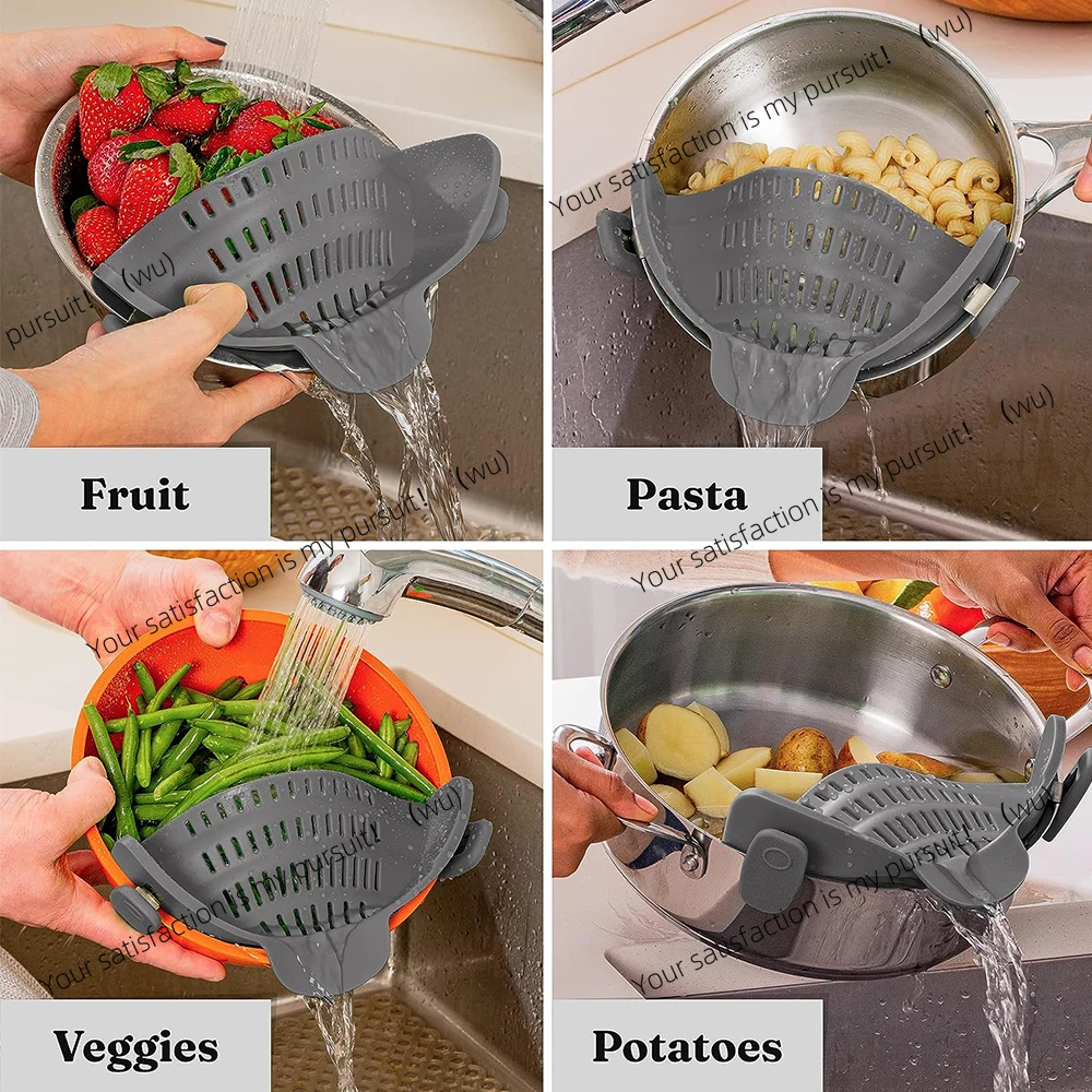 Silicone filter clip-on, adjustable pot and pan filter, kitchen utensils drain rack