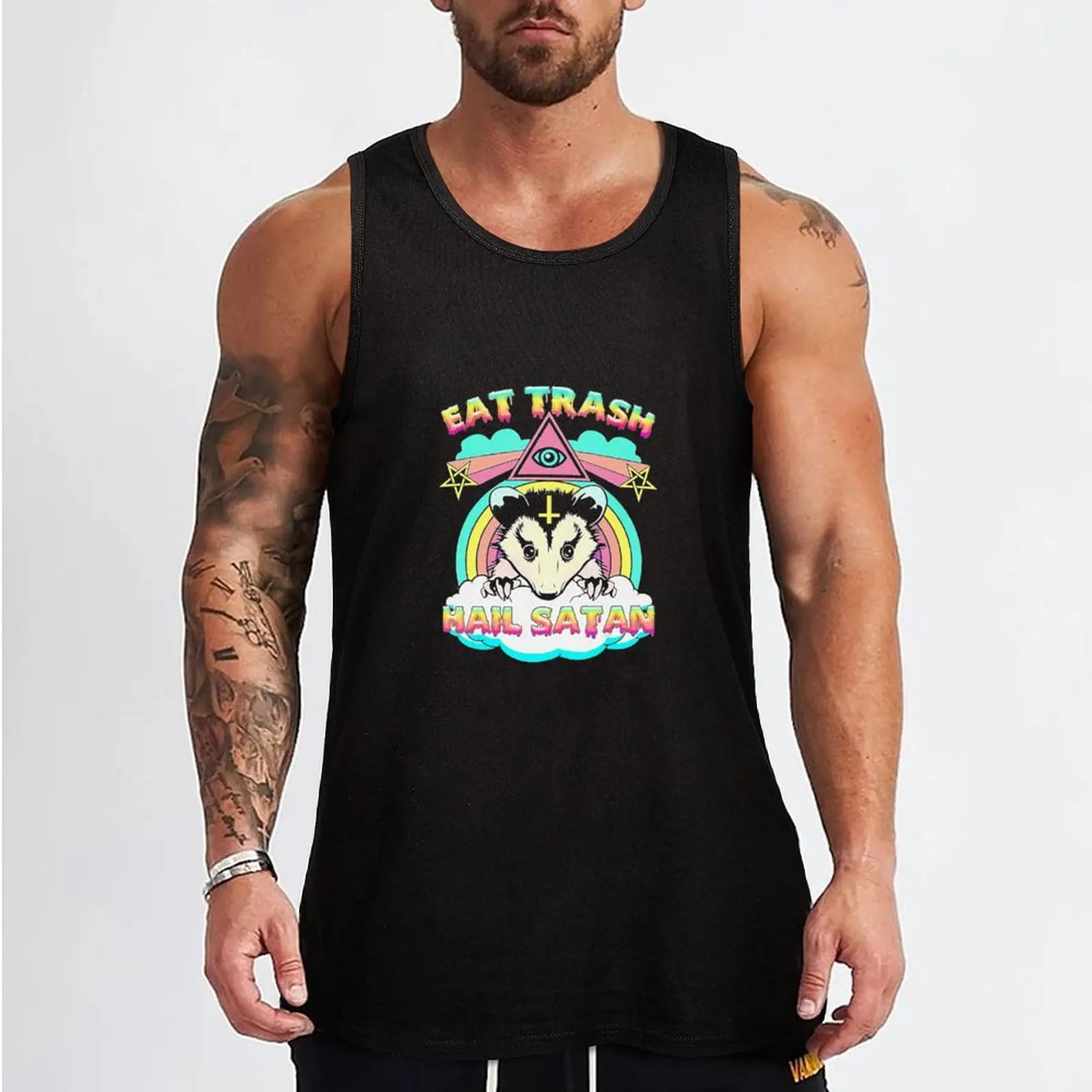 Eat Trash Hail Satan Raccoon Pentagram Satanic Garbage Gang Tank Top Male clothes Fitness men clothing T-shirt men