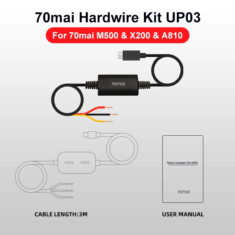 Cable de vigilancia de estacionamiento 70mai UP03 para 70mai A810 X200 Omni M500 Kit de cables duros UP03 24H Monitor de estacionamiento