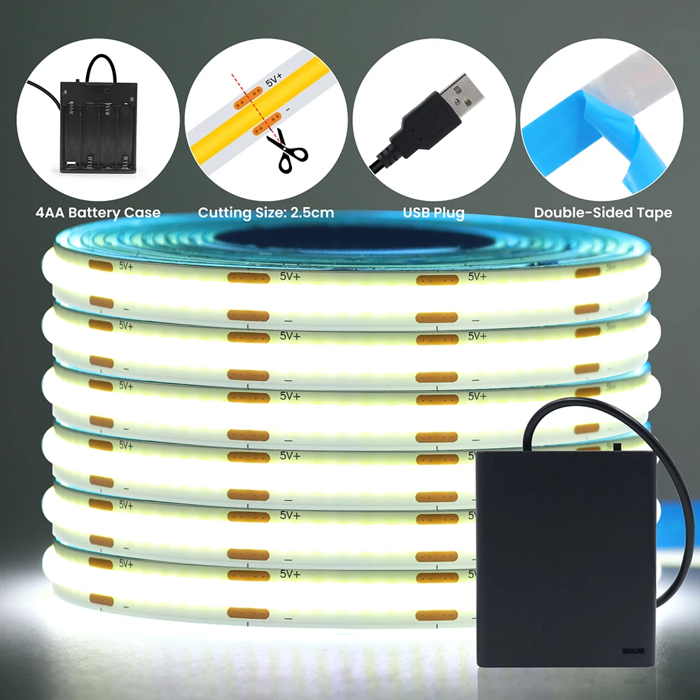 5V USB Battery Powered COB Led Strip Light 3mm 5mm 8mm PCB with Switch DC White Red Yellow 320LEDs/m Flexible Adhesive Tape Lamp