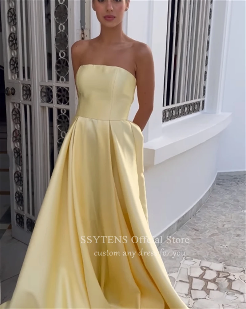 Robe de Soirée Jaune Sans Bretelles, Tenue de Bal de Forme Trapèze, Longueur au Sol, Dubaï, Quelle que soit l'Arabie Saoudite