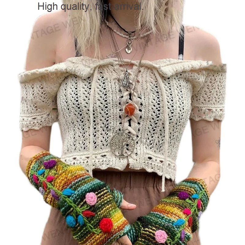 

Retro Beige American-Style Lace-up Cutout off-Neck Sweet Cool Short-Sleeved Top for Women Summer