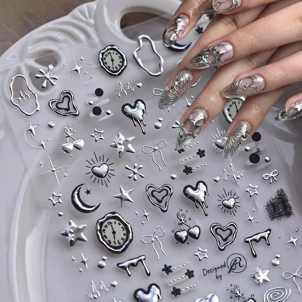 1PCS 5D Silver Liquid Heart Star Moon Nail Art Sticker Punk Clock Heartbeat Annual Cherry Stickers Y2K Nail Art Decoration Decal