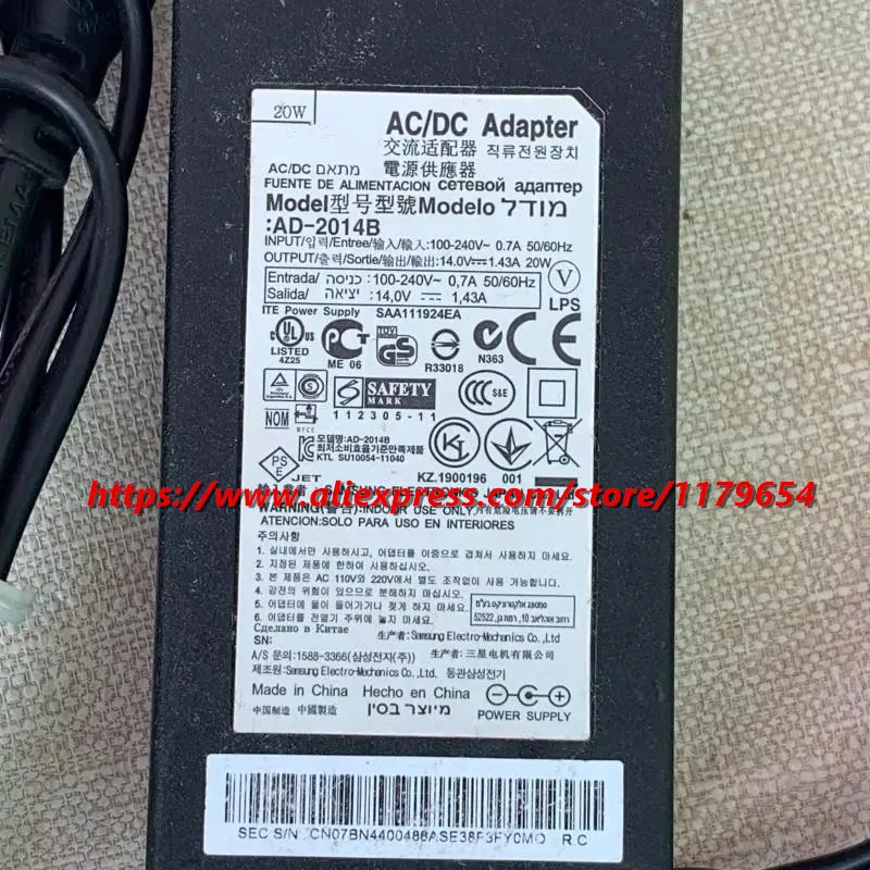 Genuine 14V 1.43A AD-2014B 20W AC Adapter Charger For Samsung  S19B300N S19B150B Monitor Power Supply ADS-24SK-12-2 14020GN Used