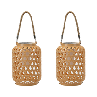 2Pcs Outdoor Solar Bamboo Lantern with Handle Hanging Light, Waterproof Solar Lantern, Natural Vine LED Decorative