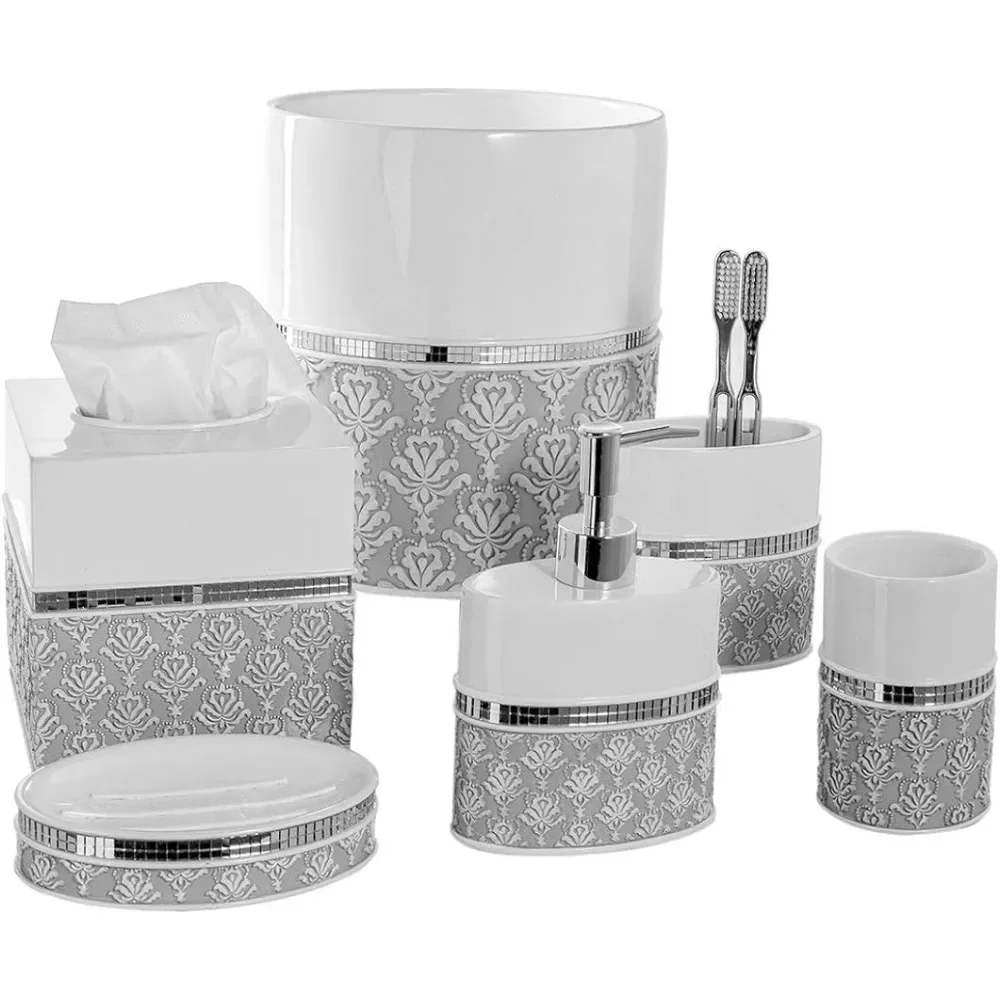 

6 Piece Bathroom Accessory Set Includes: Trash Can, Tissue Box Cover, Soap Dispenser, Soap Dish, Toothbrush Holder & Tumbler