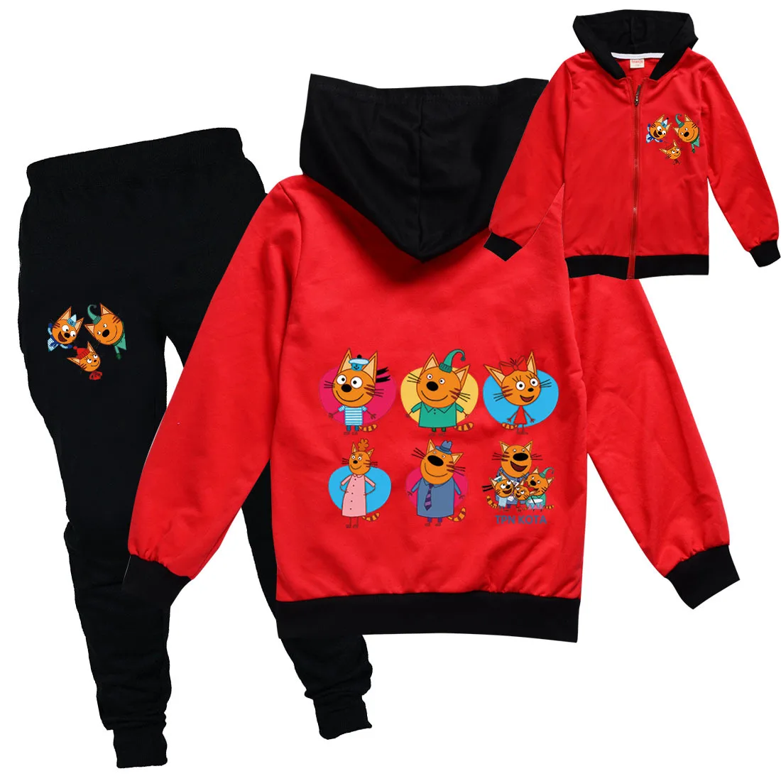 

New Kid-e-cats Hoodie Kids Three Kitten Russian Cartoon Clothes Baby Girls Hooded Zipper Jackets Pants 2pcs Sets Boys Sportsuits