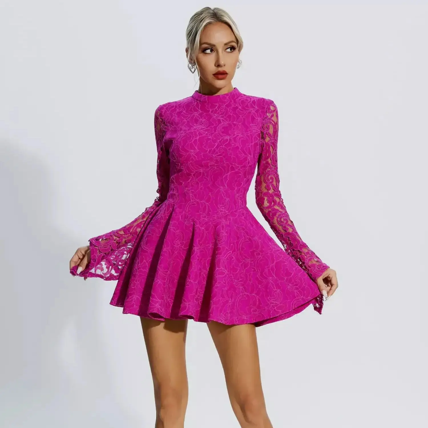 Fuchsia Lace Cocktail Dresses Women Long Sleeved Mini Skirt Short Prom Gowns Lace Up Cute Birthday Party Dress