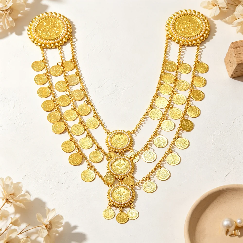 Fashion Golden Coin Shoulder Harness Brooch Multi‑Layer Dangling Tassel Chain Ladies For Belly Dance Stage Show Costume