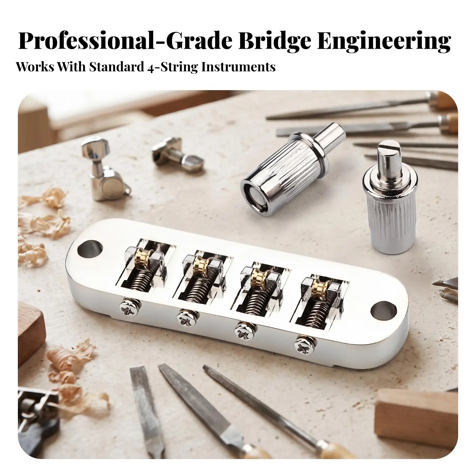 Metal Four String Guitar Bridge for Repairs and Upgrades with Polished Finish and Adjustable Saddle Units
