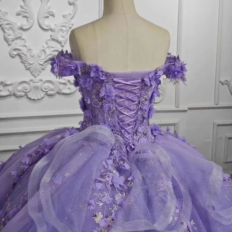 الخزامى قبالة الكتف الكرة ثوب فساتين Quinceanera ثلاثية الأبعاد زهرة زين الحلو 16 15 فستان عيد ميلاد Vestido De 15 Anos مسابقة