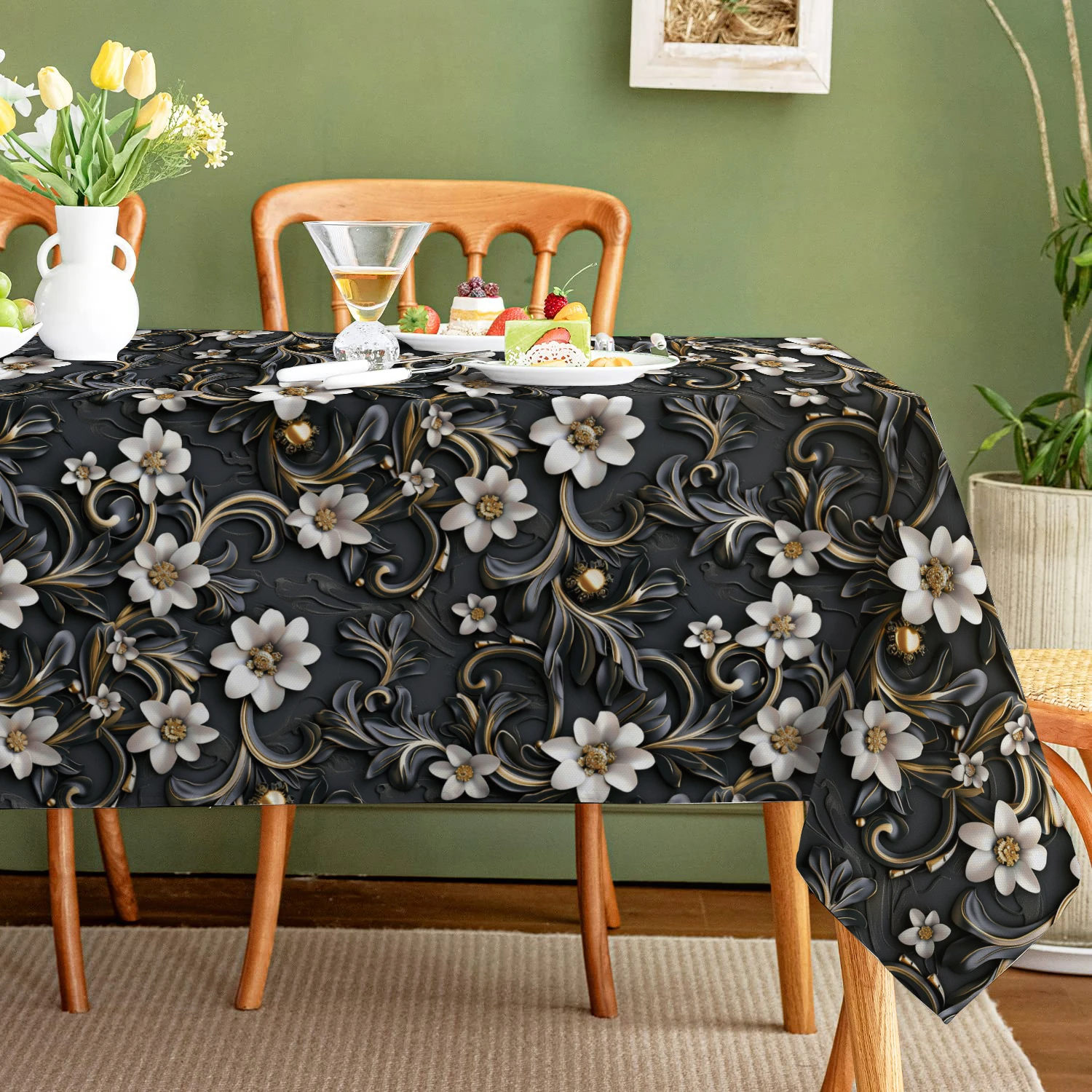 Flower Plant Relief Oil Painting Table Runners Dresser Decor for Kitchen Holiday Party Table Runner Washable Dining Long Cloth